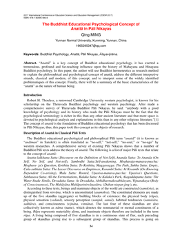 The Buddhist Educational Psychological Concept of Anattā in Pāli Nikayas Qing MING Yunnan Normal University, Kunming, Yunnan, China 1965295347@Qq.Com