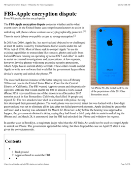 FBI–Apple Encryption Dispute - Wikipedia, the Free Encyclopedia 6/2/16, 6:59 AM