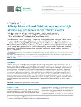 Salinity Drives Archaeal Distribution Patterns in High Altitude Lake Sediments on the Tibetan Plateau Yongqin Liu 1,2,∗, John C