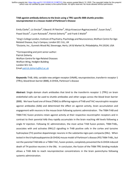 Trkb Agonist Antibody Delivery to the Brain Using a Tfr1 Specific BBB Shuttle Provides Neuroprotection in a Mouse Model of Parkinson’S Disease