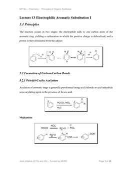 Lecture 13 Electrophilic Aromatic Substitution I 5.1 Principles