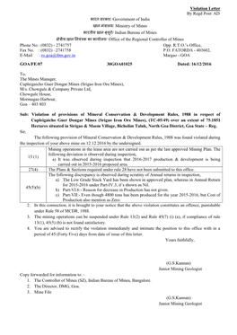 Violation Letter by Regd Post/ AD / Indian Bureau of Mines Phone No