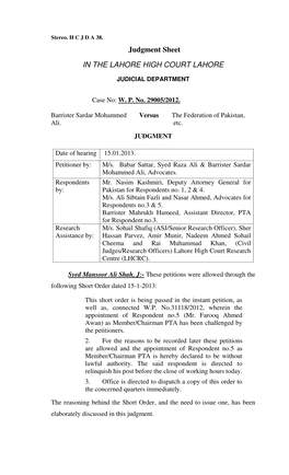 Judgment Sheet in the LAHORE HIGH COURT LAHORE