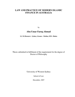 Law and Practice of Modern Islamic Finance in Australia