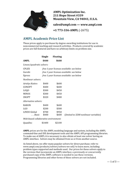 AMPL Academic Price List These Prices Apply to Purchases by Degree-Awarding Institutions for Use in Noncommercial Teaching and Research Activities