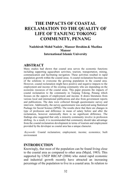 The Impacts of Coastal Reclamation to the Quality of Life of Tanjung Tokong Community, Penang