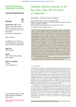 Predicting Collective Behaviour at the Hajj: Place, Space and the Process Rstb.Royalsocietypublishing.Org of Cooperation