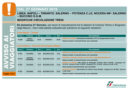 Dal 27 Gennaio 2019 Linea: Napoli – Taranto; Salerno – Potenza C.Le; Nocera Inf- Salerno – Buccino S.G.M