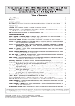 Proceedings of the 18Th Biennial Conference of the Palaeontological Society of Southern Africa Johannesburg, 11–14 July 2014