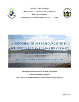 La Disponibilité Des Ressources En Eau Superficielle Dans Le Bassin Versant De La Mandaratsy