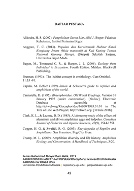 DAFTAR PUSTAKA Alikodra, H. S. (2002). Pengelolaan Satwa Liar, Jilid 1. Bogor: Fakultas Kehutanan, Institut Pertanian Bogor