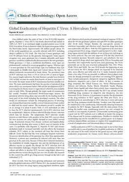 Global Eradication of Hepatitis C Virus: a Herculean Task Rajinder M Joshi* Nuclear Medicine and Laboratory Center, Yiaco Medical Co