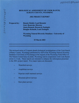 Biological Assessment of Cook Ranch, Albanycounty,Wyoming