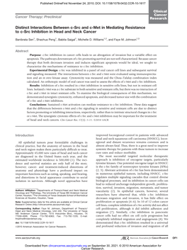 Distinct Interactions Between C-Src and C-Met in Mediating Resistance to C-Src Inhibition in Head and Neck Cancer