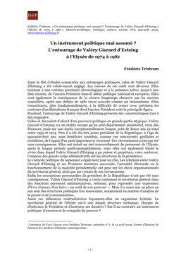 L'entourage De Valéry Giscard D'estaing À L'elysée De 1974 À 1981 », Histoire@Politique
