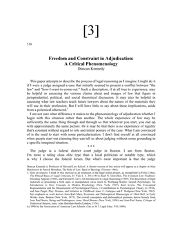 Freedom and Constraint in Adjudication: a Critical Phenomenology Duncan Kennedy