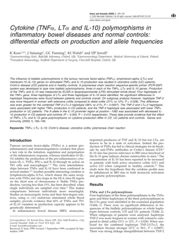 Cytokine (Tnfα, Ltα and IL-10) Polymorphisms in Inflammatory