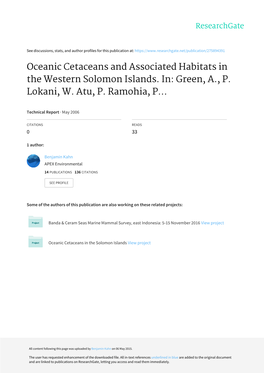 Oceanic Cetaceans and Associated Habitats in the Western Solomon Islands