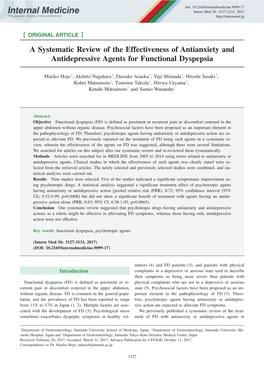 A Systematic Review of the Effectiveness of Antianxiety and Antidepressive Agents for Functional Dyspepsia