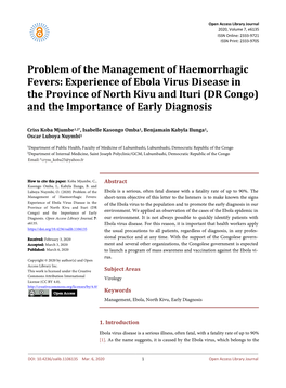 Experience of Ebola Virus Disease in the Province of North Kivu and Ituri (DR Congo) and the Importance of Early Diagnosis