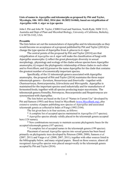 Lists of Names in Aspergillus and Teleomorphs As Proposed by Pitt and Taylor, Mycologia, 106: 1051-1062, 2014 (Doi: 10.3852/14-0