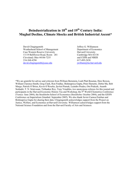 Deindustrialization in 18Th and 19Th Century India: Mughal Decline, Climate Shocks and British Industrial Ascent*