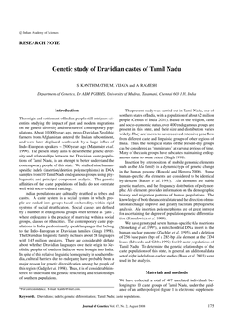 Genetic Study of Dravidian Castes of Tamil Nadu