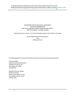 Endangered Species Biological Assessment Technical Memorandum for the All Aboard Florida Passenger Rail Project West Palm Beach to Miami, Florida August 1, 2012