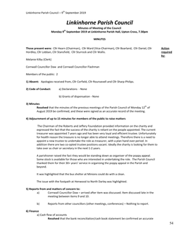 Minutes of Meeting of the Council Monday 9Th September 2019 at Linkinhorne Parish Hall, Upton Cross, 7.30Pm