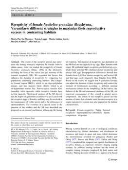 Receptivity of Female Neohelice Granulata (Brachyura, Varunidae): Different Strategies to Maximize Their Reproductive Success in Contrasting Habitats