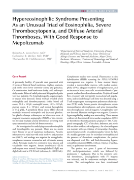 Hypereosinophilic Syndrome Presenting As an Unusual Triad of Eosinophilia, Severe Thrombocytopenia, and Diffuse Arterial Thromboses, with Good Response to Mepolizumab