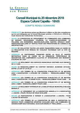 Conseil Municipal Du 20 Décembre 2018 Espace Culturel Capellia - 18H00 COMPTE RENDU SOMMAIRE