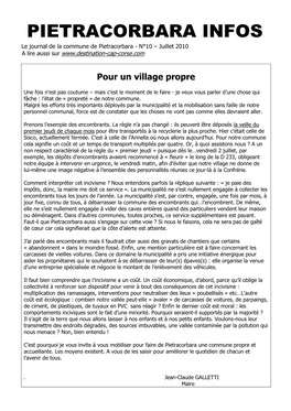 PIETRACORBARA INFOS Le Journal De La Commune De Pietracorbara - N°10 – Juillet 2010 a Lire Aussi Sur