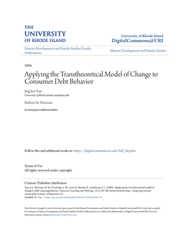 Applying the Transtheoretical Model of Change to Consumer Debt Behavior Jing Jian Xiao University of Rhode Island, Xiao@Uri.Edu