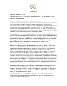 HISTORY COMMENTARY Self-Destruction on the Natchez Trace: Meriwether Lewis's Act of Ultimate Courage by Reimert Thorolf Ravenholt