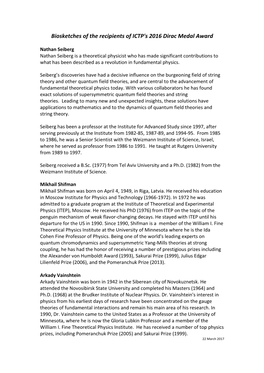 Biosketches of the Recipients of ICTP's 2016 Dirac Medal Award
