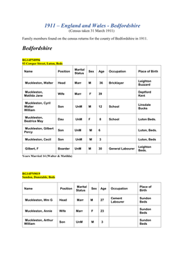 1911 – England and Wales - Bedfordshire (Census Taken 31 March 1911)