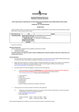 Supply and Delivery of Diesoline Fuel to Long Sukang and Long Semadoh Solar Hybrid Power Station, Lawas, Sarawak (Tender Ref