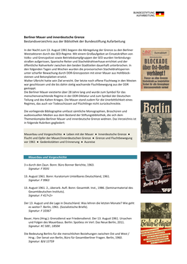 Berliner Mauer Und Innerdeutsche Grenze Bestandsverzeichnis Aus Der Bibliothek Der Bundesstiftung Aufarbeitung