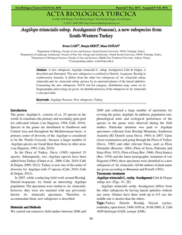 Aegilops Triuncialis Subsp. Bozdagensis (Poaceae), a New Subspecies from South-Western Turkey