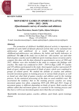 MOVEMENT GAMES in SPORT in LATVIA (1994 2012 - 2019) (Questionnaire Survey of Couches and Athletes)