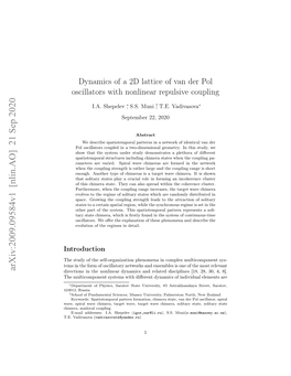 Dynamics of a 2D Lattice of Van Der Pol Oscillators with Nonlinear Repulsive Coupling