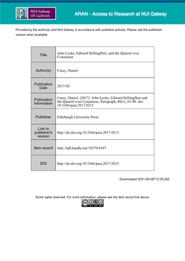 John Locke, Edward Stillingfleet, and the Quarrel Over Consensus