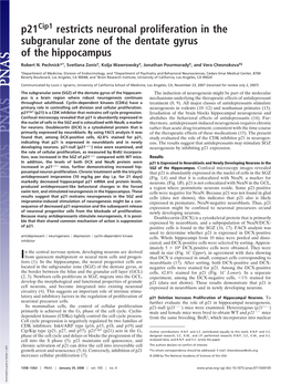 P21 Restricts Neuronal Proliferation in the Subgranular Zone of the Dentate Gyrus of the Hippocampus