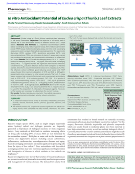 In Vitro Antioxidant Potential of Euclea Crispa (Thunb.) Leaf Extracts Chella Perumal Palanisamy, Devaki Kanakasabapathy1, Anofi Omotayo Tom Ashafa