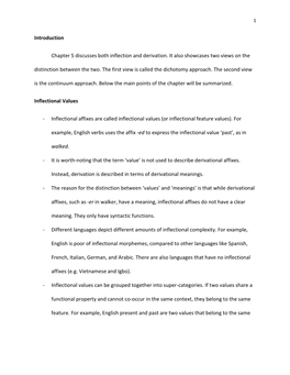 Introduction Chapter 5 Discusses Both Inflection and Derivation. It Also