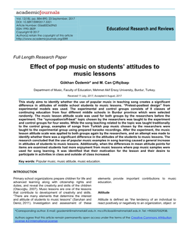 Effect of Pop Music on Students' Attitudes to Music Lessons