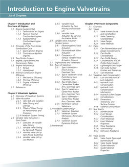 Introduction to Engine Valvetrains List of Chapters