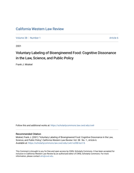 Voluntary Labeling of Bioengineered Food: Cognitive Dissonance in the Law, Science, and Public Policy