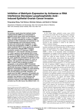 Inhibition of Matrilysin Expression by Antisense Or RNA Interference Decreases Lysophosphatidic Acid– Induced Epithelial Ovarian Cancer Invasion